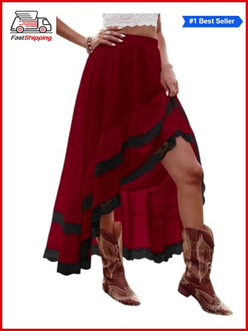 ✨ Women's Boho High Low Asymmetrical Lace Ruffle Hem Maxi Skirt
